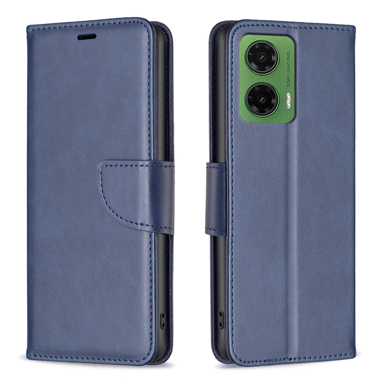 Blauwe telefoonhoes, open, toont de telefoon met camera's. Witte achtergrond.
