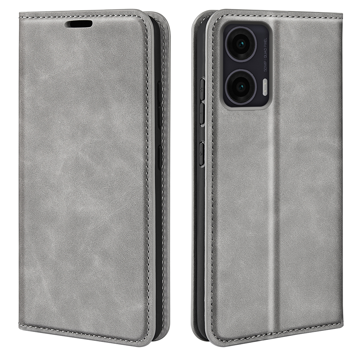 Étui de téléphone gris, vue avant et arrière. L'étui est en matériau simili cuir.