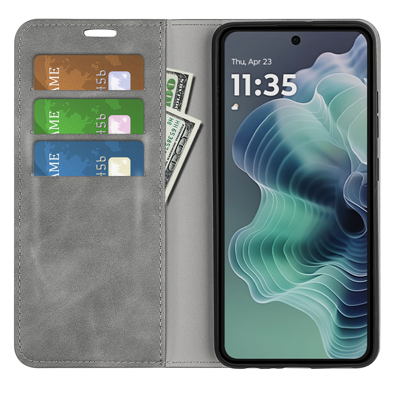 Étui de téléphone gris ouvert, montrant des cartes, de l'argent et un téléphone. Le téléphone affiche l'heure.