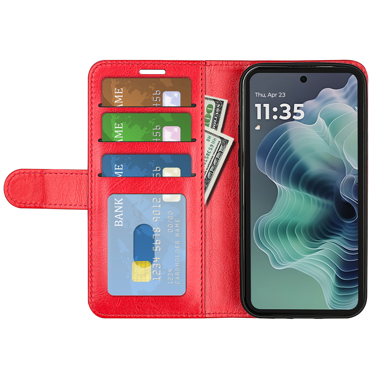 Open rode telefoonhoes met een telefoon, kaarten en geld. De tijd is 11:35.