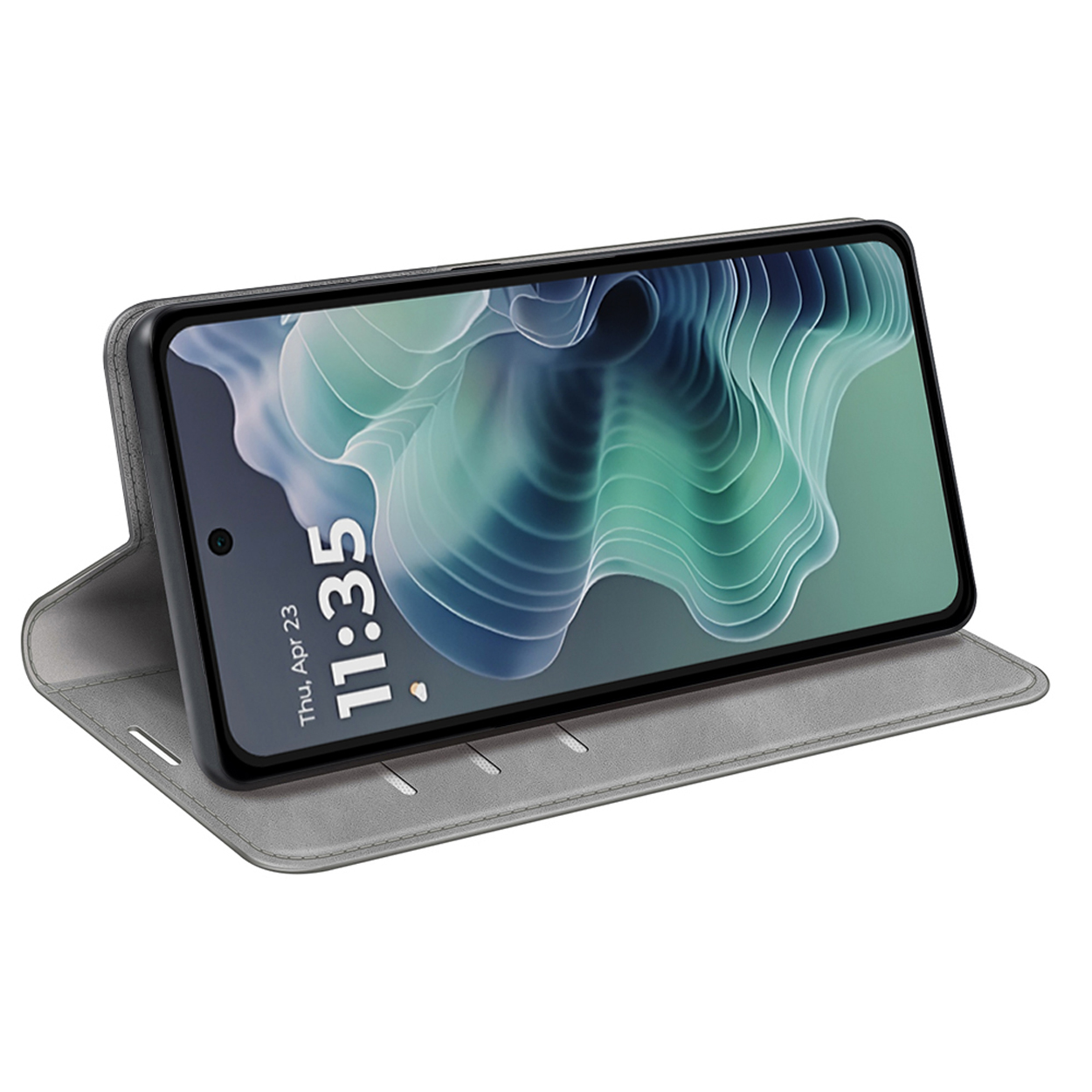 Étui de téléphone gris avec un téléphone affichant l'heure : 11h35.