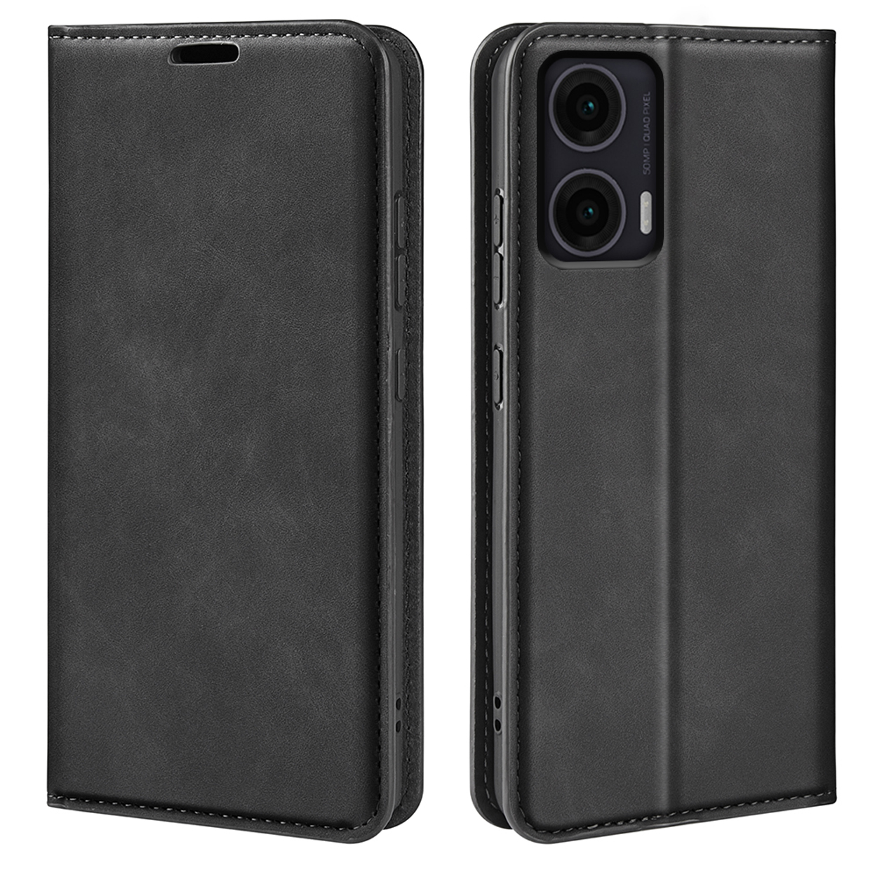 Zwarte telefoonhoes. Gesloten portemonnee stijl met een zichtbare camera.