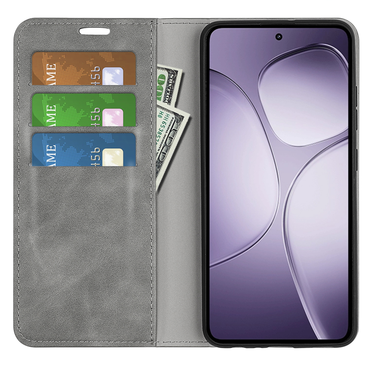 Graue Handyhülle mit Karten, Geld und einem Telefon. Das Telefon zeigt ein lila Design.