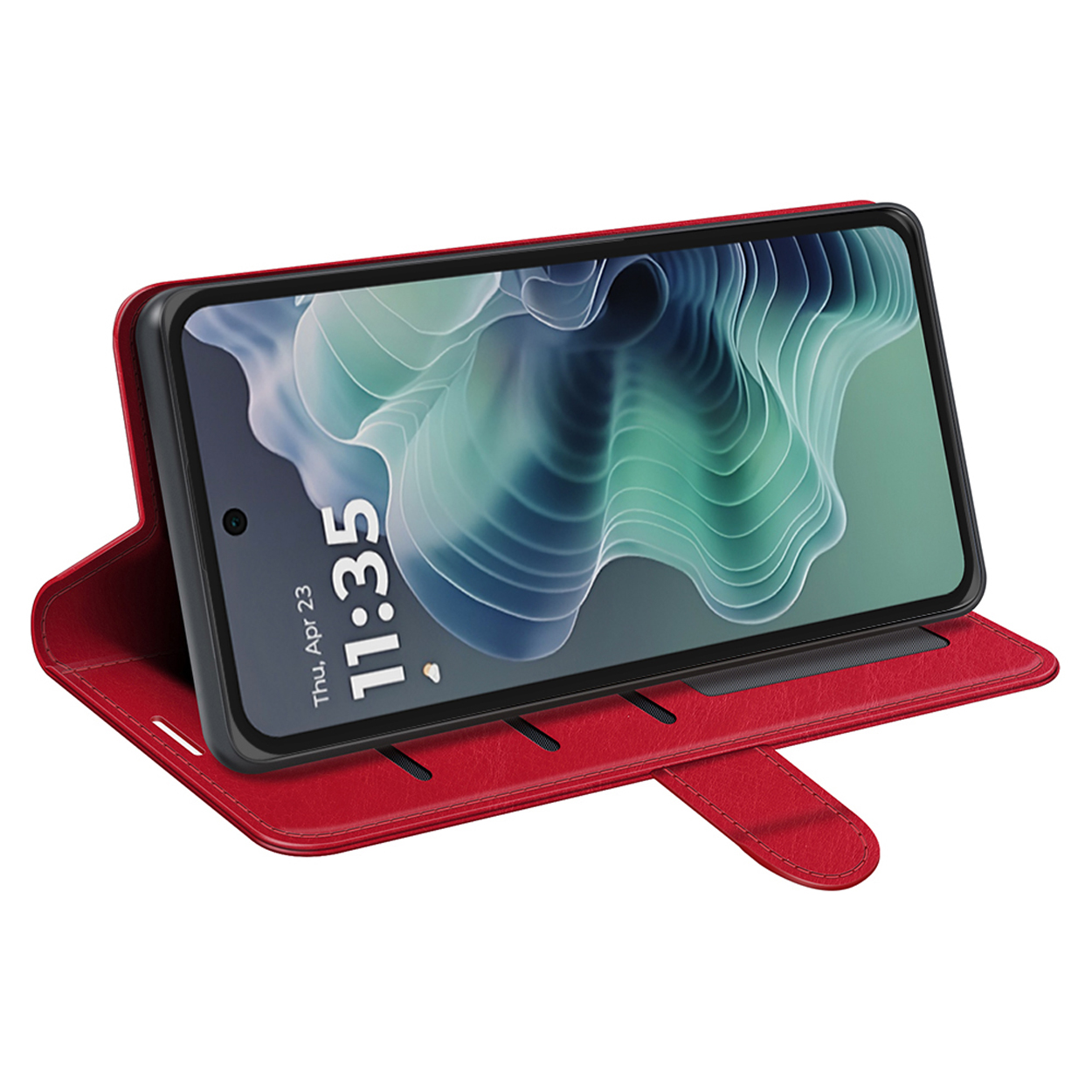 Rode telefoonhoes open, met een telefoon met een startscherm. De tijd en datum worden weergegeven.