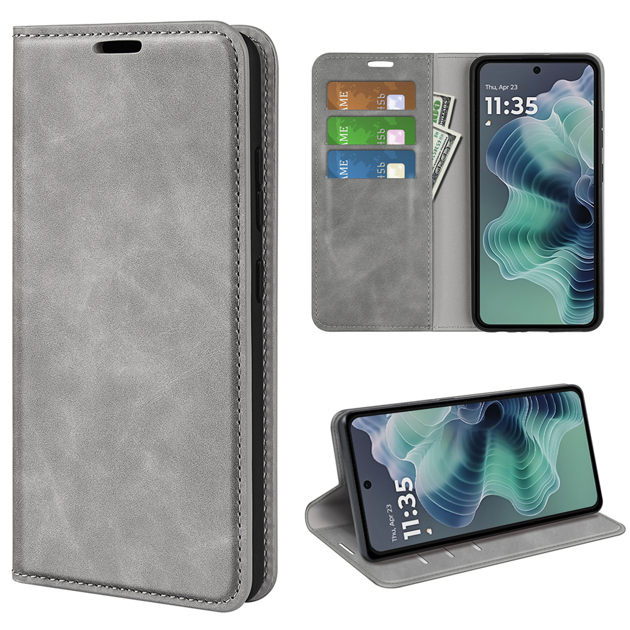 Étui de téléphone en cuir gris avec cartes, argent et téléphone affichant l'heure.