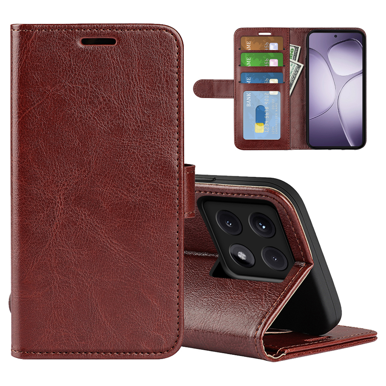 Bruine telefoonhoes, open. Telefoon binnenin. Kaarten en contant geld. Toont afbeelding op scherm.