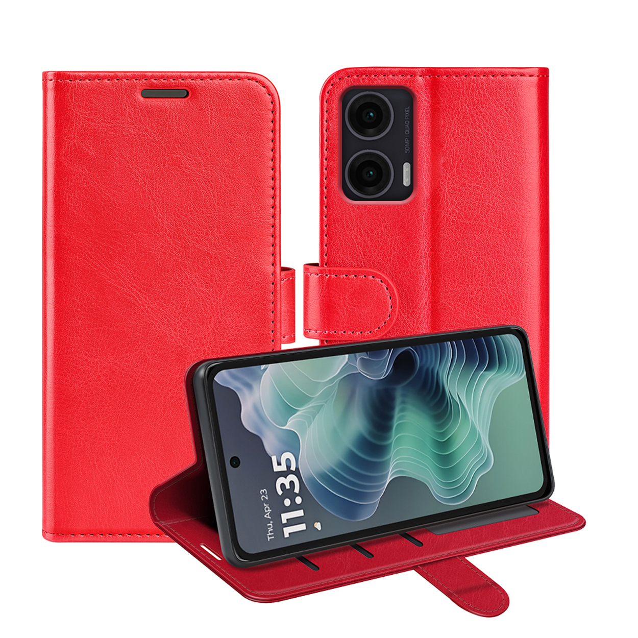 Rode telefoonhoes, open met een telefoon erin. Telefoon toont datum en tijd.