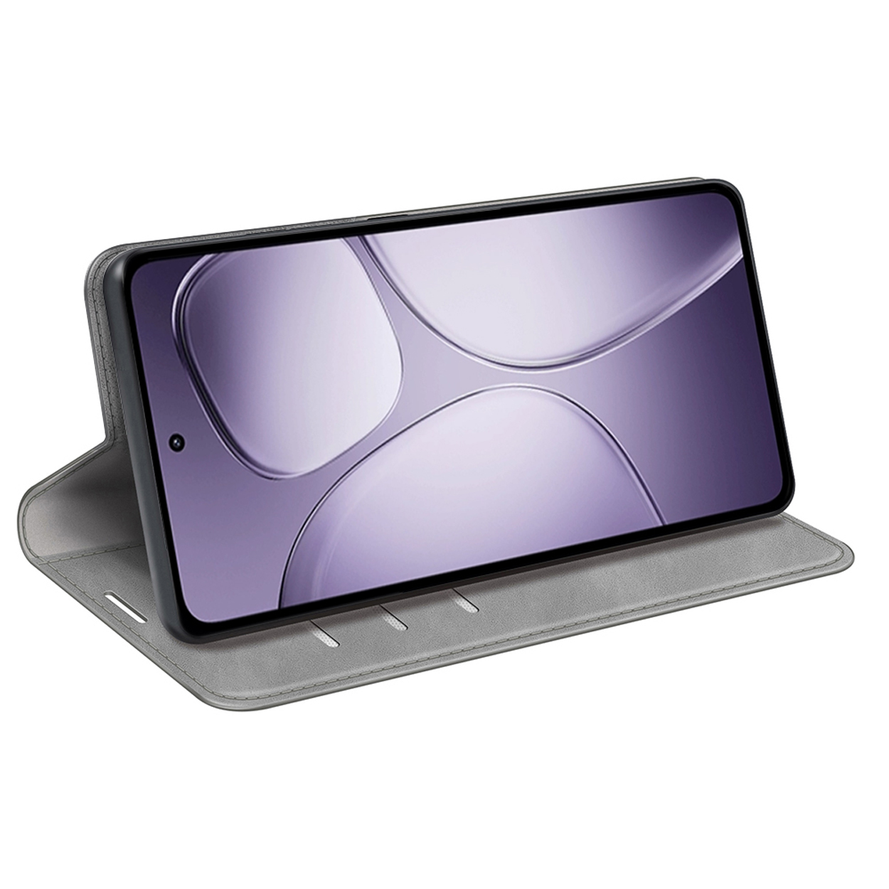 Graue Handyhülle, Telefon innen. Telefon zeigt Grafikdesign. Hülle offen.