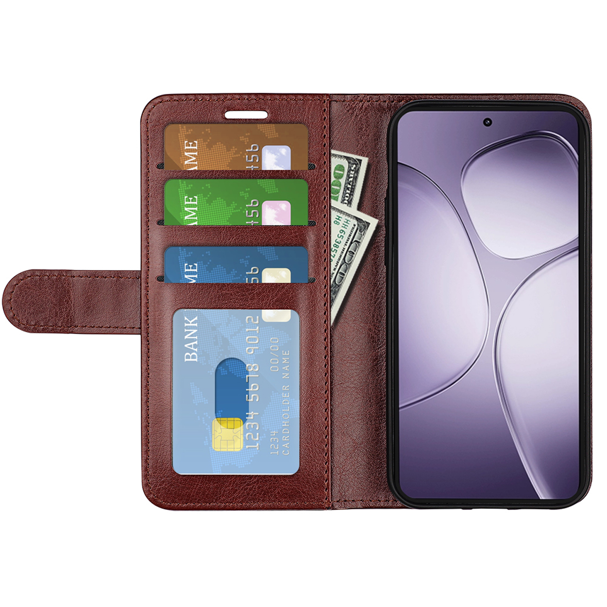 Bruine telefoonhoes, open, toont telefoon met kaarten en geld. Witte achtergrond.