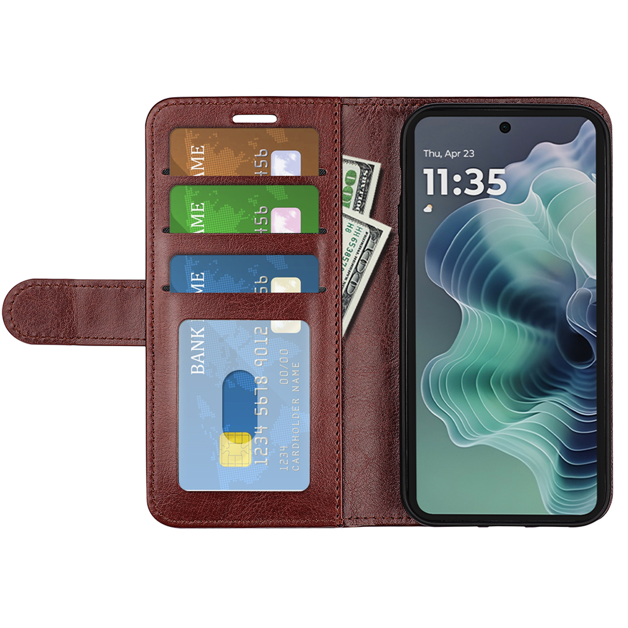 Bruine telefoonhoes met telefoon erin. Creditcards, contant geld zichtbaar. De tijd van de telefoon wordt weergegeven.