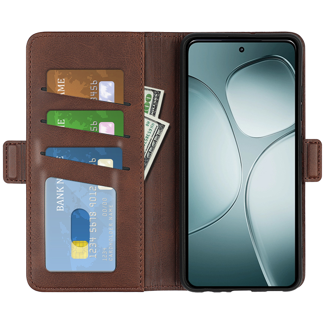 Bruine telefoonhoes, open, toont telefoon met kaarten en geld. Witte achtergrond.