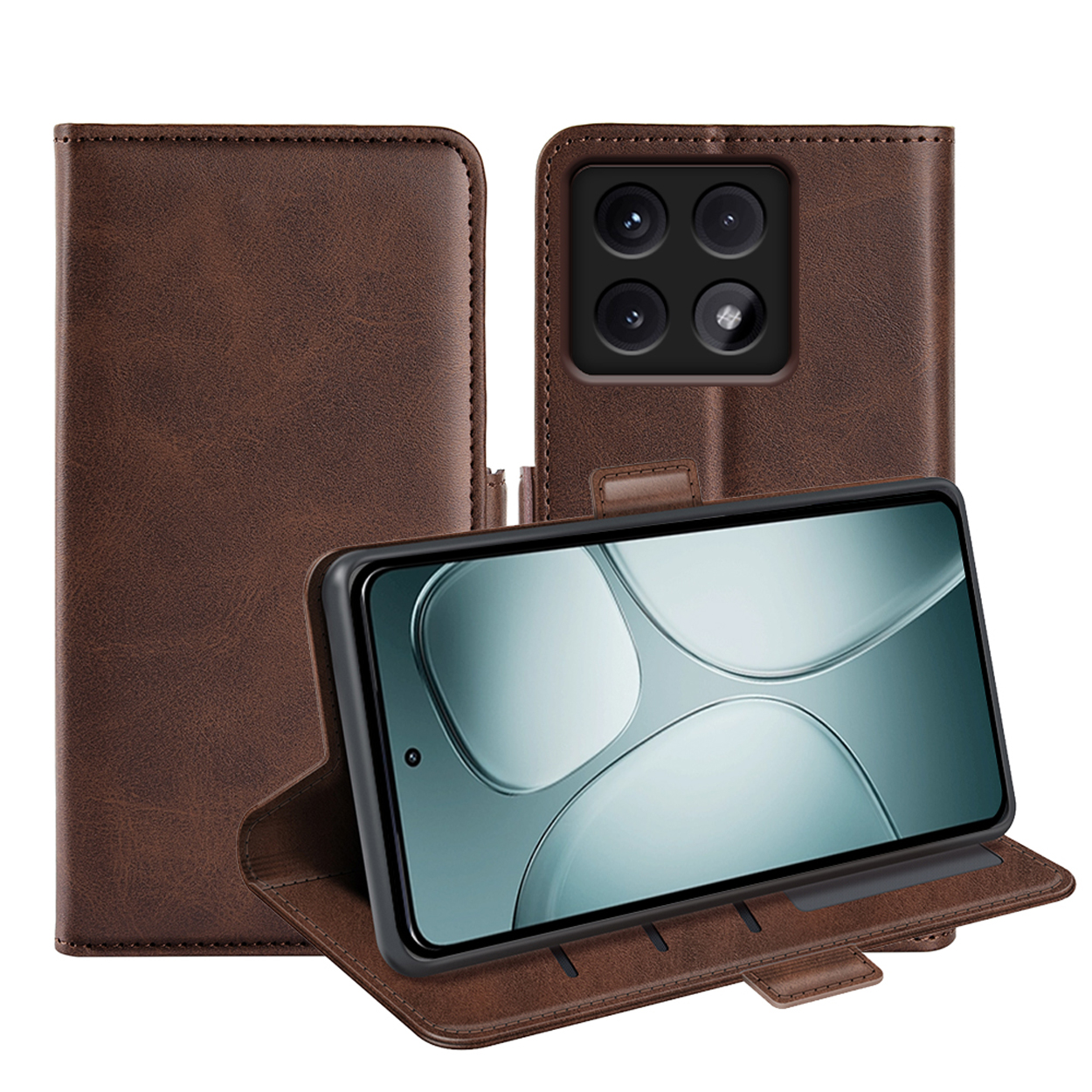 Bruine telefoonhoes met telefoon erin. Telefoonscherm toont abstract ontwerp.