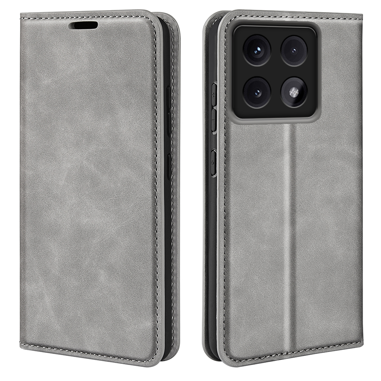 Grijze leren telefoonhoes met telefoon en zwarte camera.