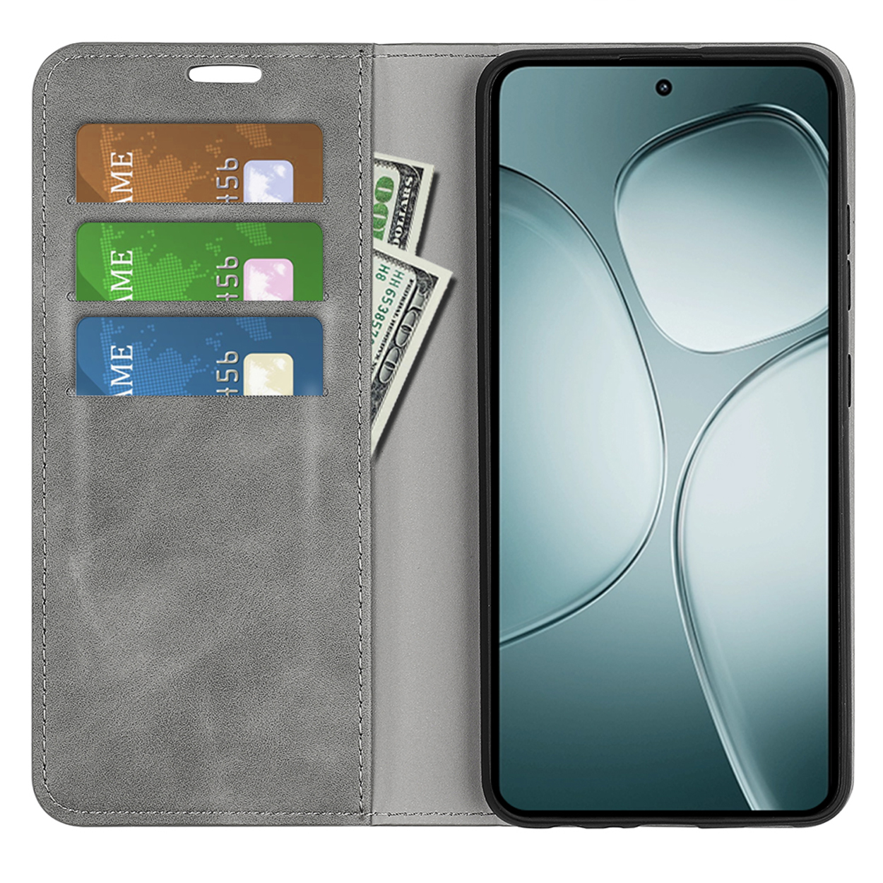 Grijze telefoonhoes open, met kaarten en geld. Een telefoon toont een scherm. Witte achtergrond.