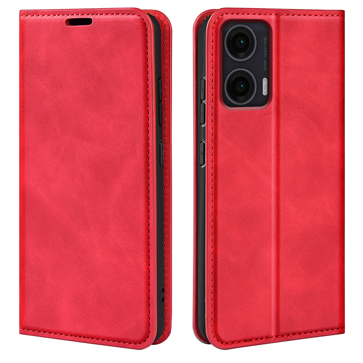 Étui de téléphone rouge, fermé et ouvert, révélant un téléphone noir. Caméra 50MP QUAD PIXEL visible.