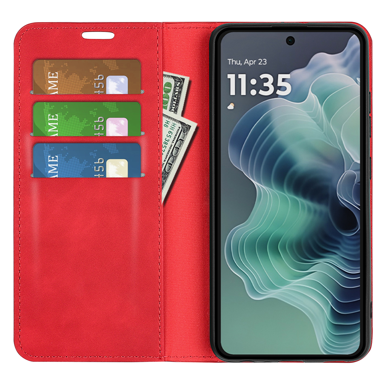 Étui de téléphone rouge ouvert, avec cartes et argent. Le téléphone affiche un écran. Fond blanc.