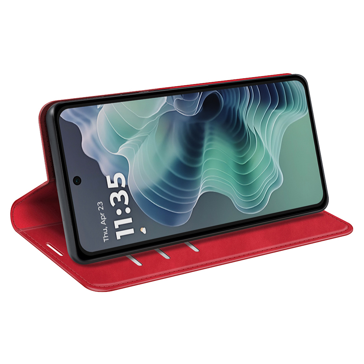 Étui de téléphone rouge ouvert, affichant un téléphone avec un écran d'accueil. L'heure et la date sont affichées.