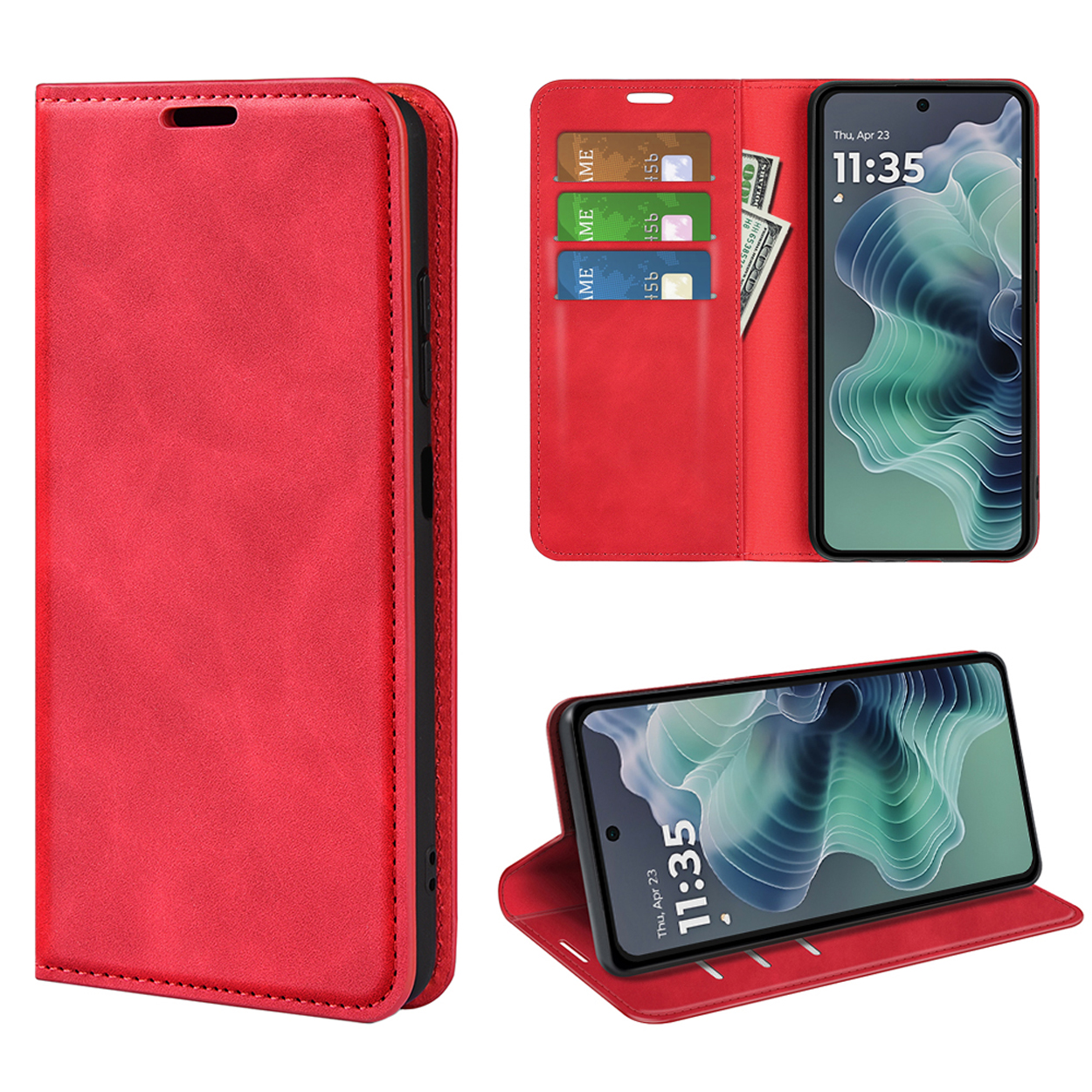 Étui de téléphone rouge avec un téléphone à l'intérieur. Le téléphone affiche l'heure. Étui fermé, ouvert et soutenu.