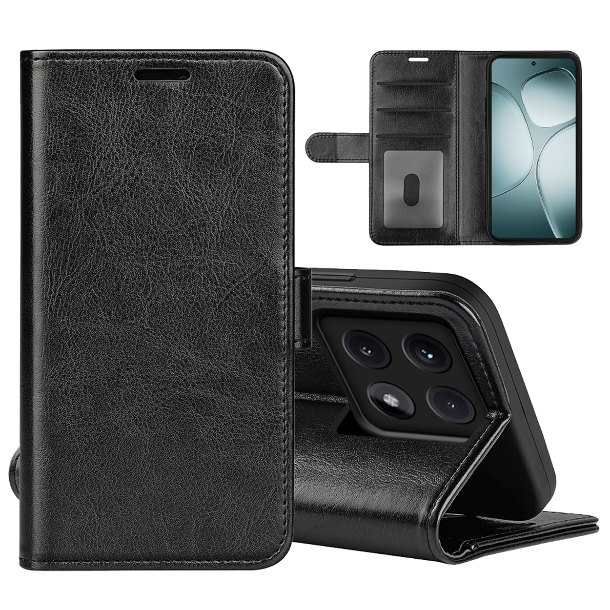 Étui de téléphone noir ouvert, montrant le téléphone et les emplacements pour cartes. Le téléphone a une caméra.
