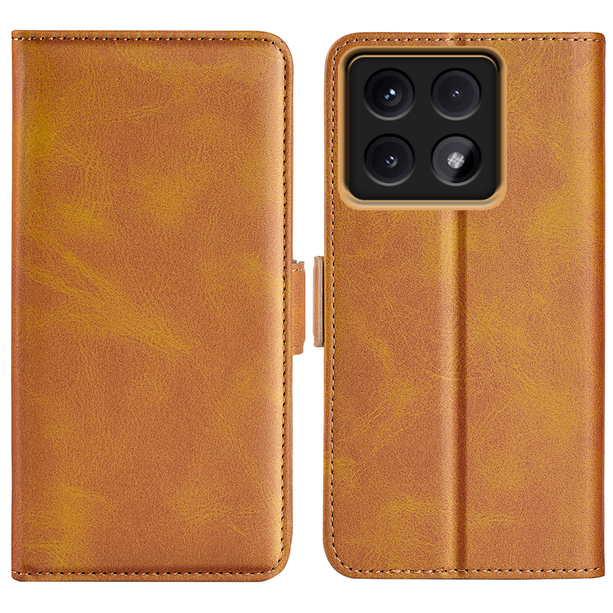 Bruine leren telefoonhoes open en dicht, met stiksels en cameradetails.