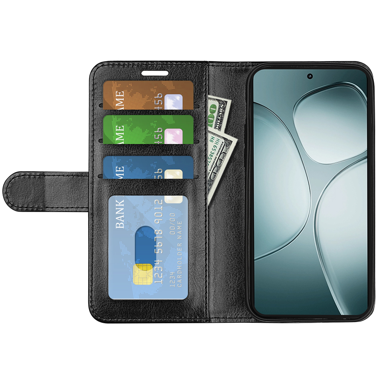 Étui de téléphone noir avec téléphone, cartes et argent. Téléphone dans l'étui, cartes et argent visibles.