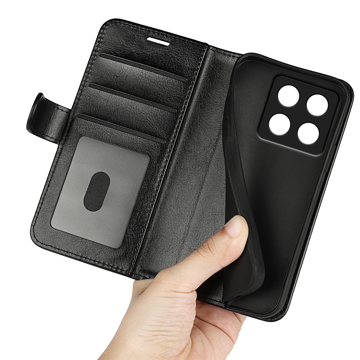 Intérieur d'étui de téléphone noir. Main tenant le téléphone. À l'intérieur, une fente pour carte.