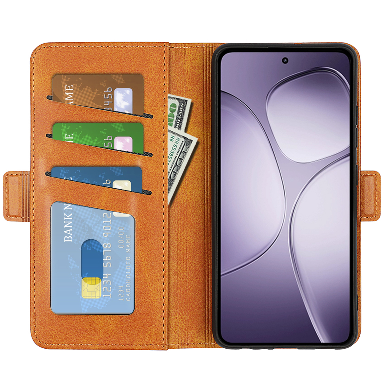 Oranje telefoonhoes open met kaarten, contant geld en telefoon met paars abstract ontwerp. Witte achtergrond.