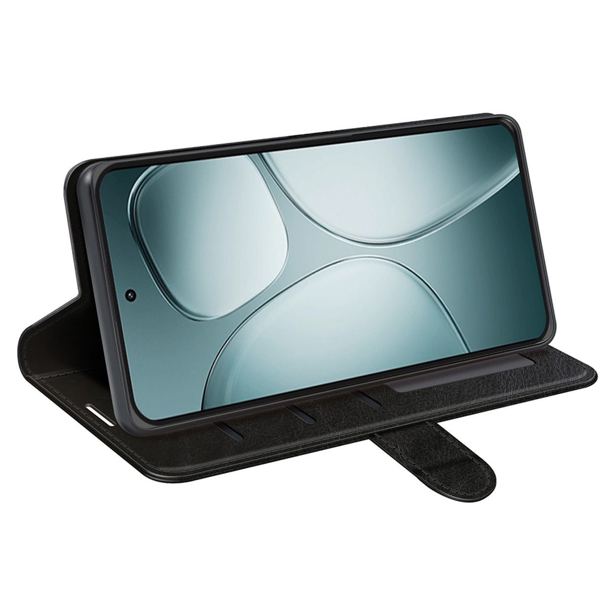 Étui portefeuille en cuir noir, ouvert, avec téléphone à l'intérieur, écran allumé.
