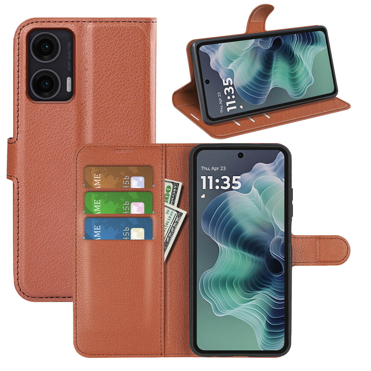 Open bruine leren telefoonhoes met telefoon en kaarten. Toont ook telefoon in hoes.