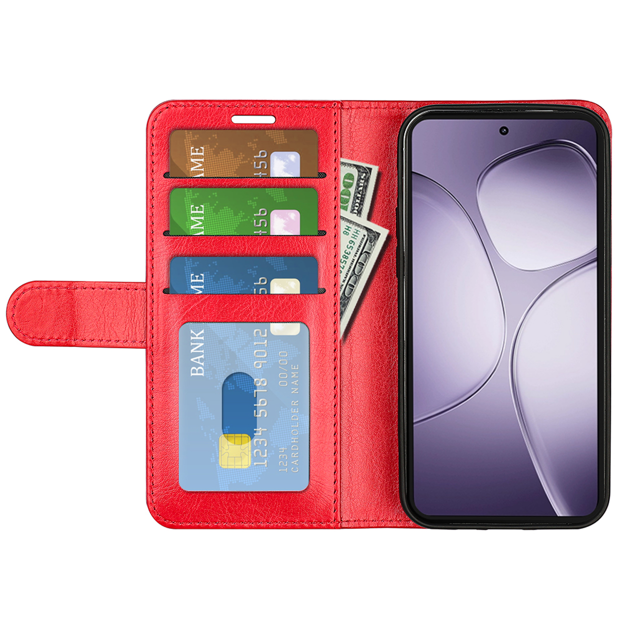 Een rode telefoonhoes open, met kaarten, geld en een telefoon met een scherm.