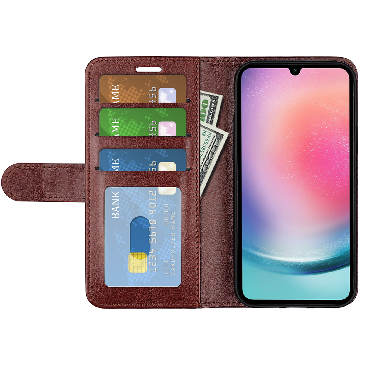 Bruine telefoonhoes met kaarten, geld en een telefoon. De telefoon toont een kleurrijk ontwerp.