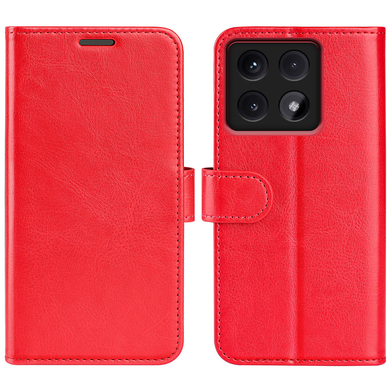 Rode leren telefoonhoes, gesloten en open. Telefoon met vier camera's zichtbaar, rood leer.
