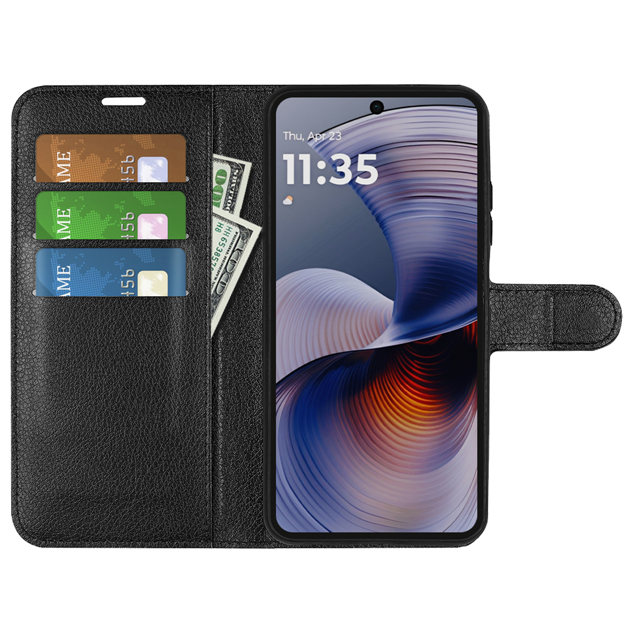Zwarte telefoonhoes open, met telefoonscherm, kaarten en contant geld.
