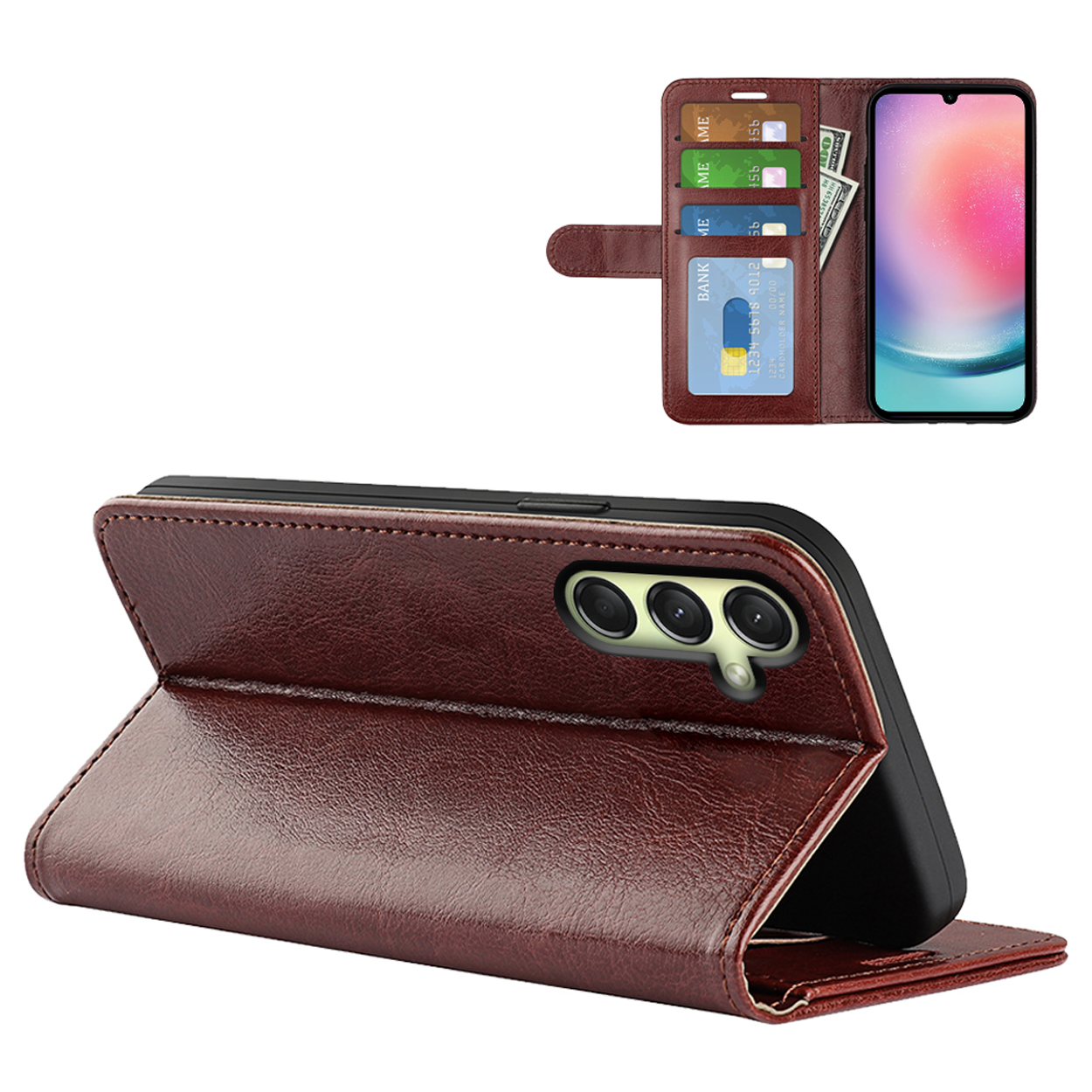 Een bruine telefoonhoes is open en toont kaarten, geld en een telefoon met een scherm. Een hand houdt hem vast.