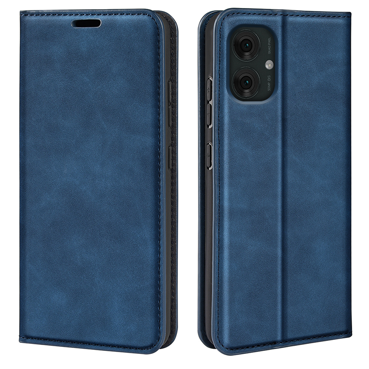 Blauwe telefoonhoes, gesloten en open. De telefoon is zwart.