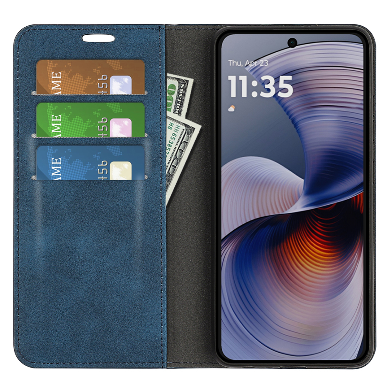 Blauwe telefoonhoes open met een telefoon, kaarten en contant geld. De tijd is 11:35.