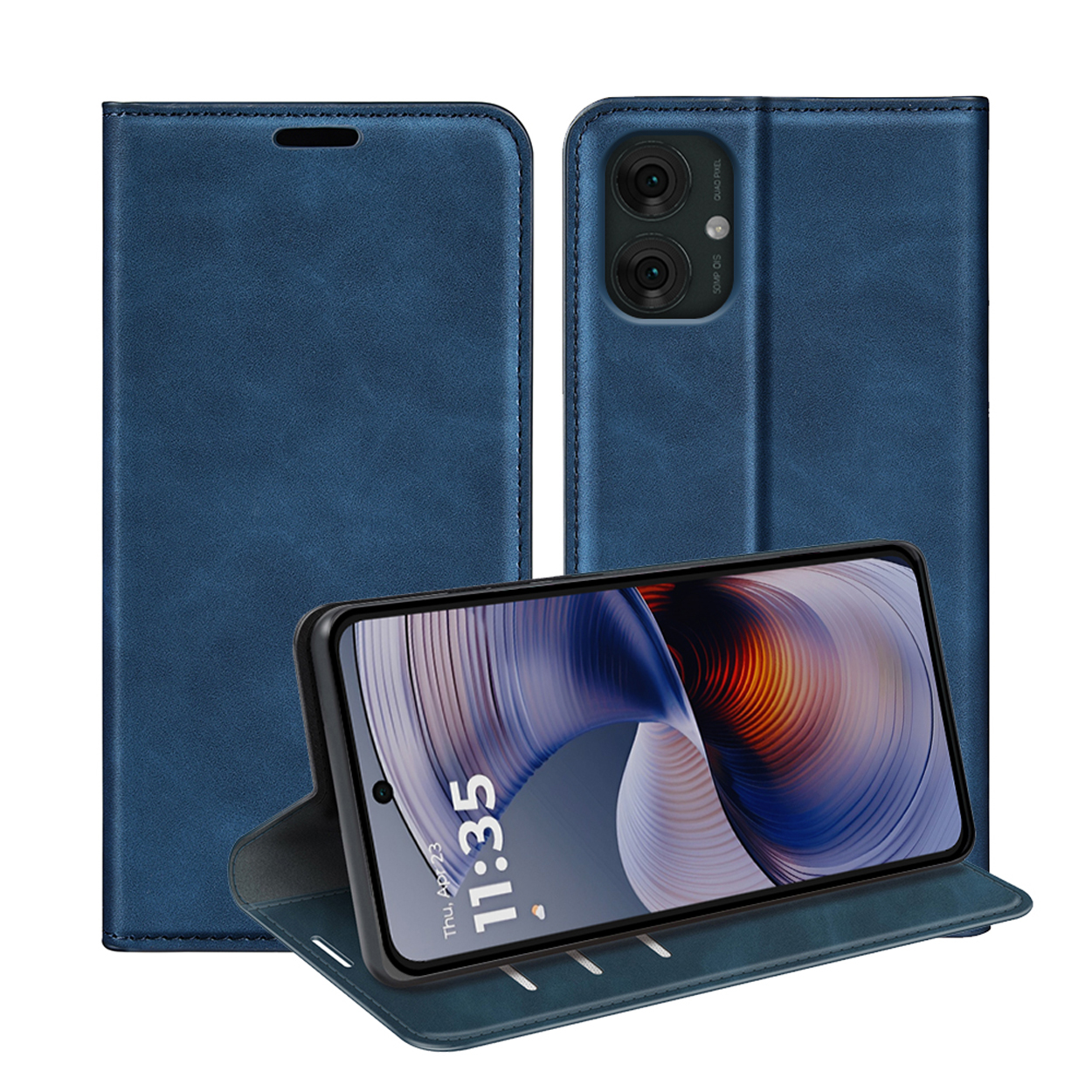 Blauwe telefoonhoes met telefoon. De telefoon zit in de hoes en is open. Het toont het scherm.