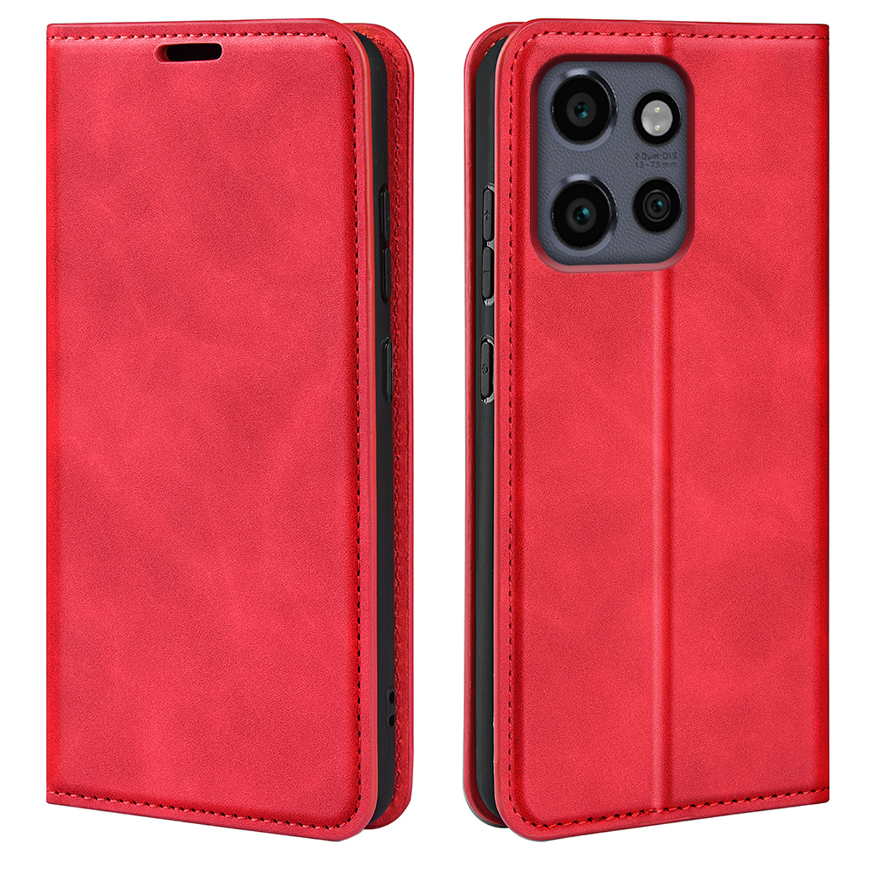 Coque de téléphone en cuir rouge, fermée et ouverte. L'arrière montre l'objectif de l'appareil photo.