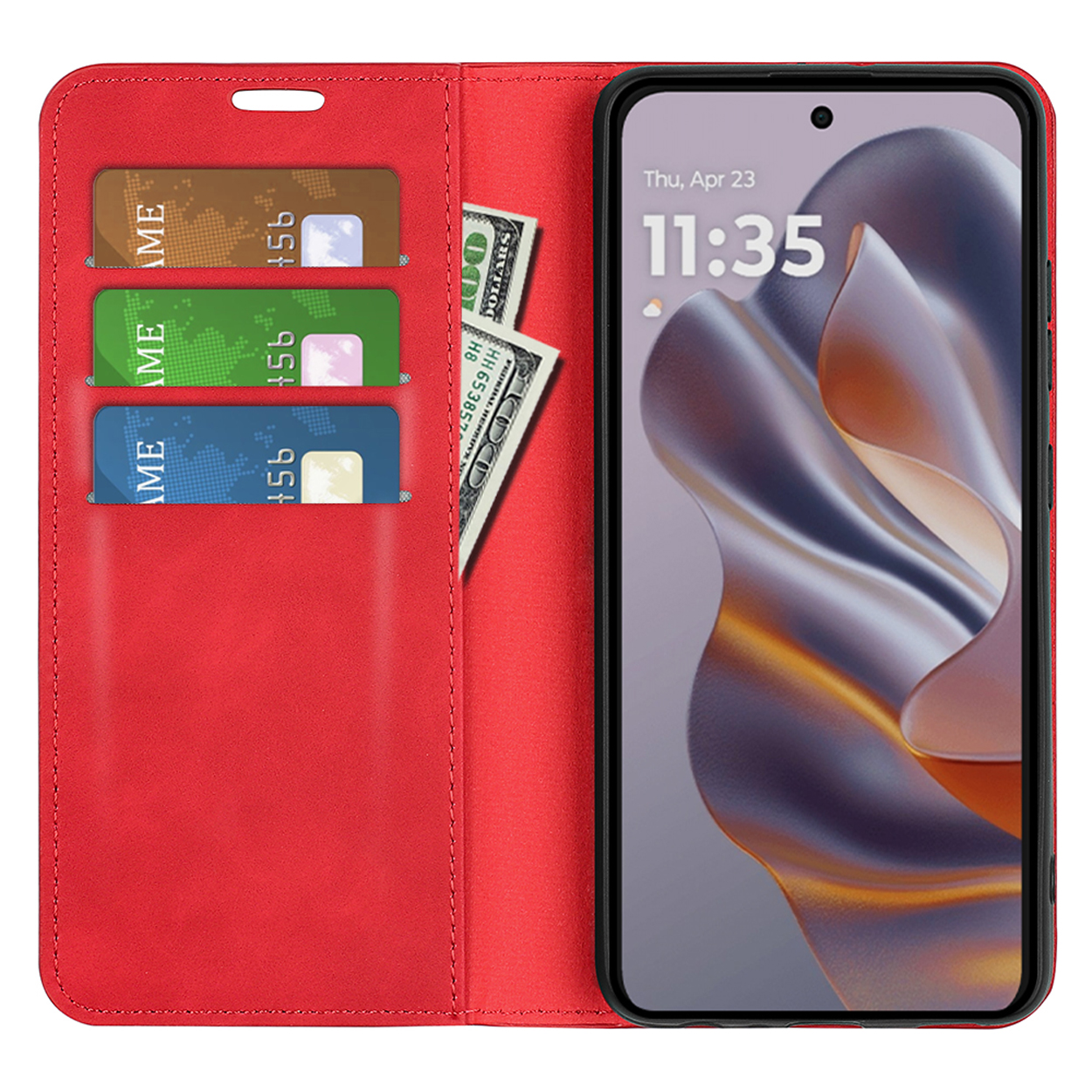 Étui de téléphone rouge avec cartes et argent. Le téléphone affiche la date et l'heure. Cartes : or, vert, bleu.