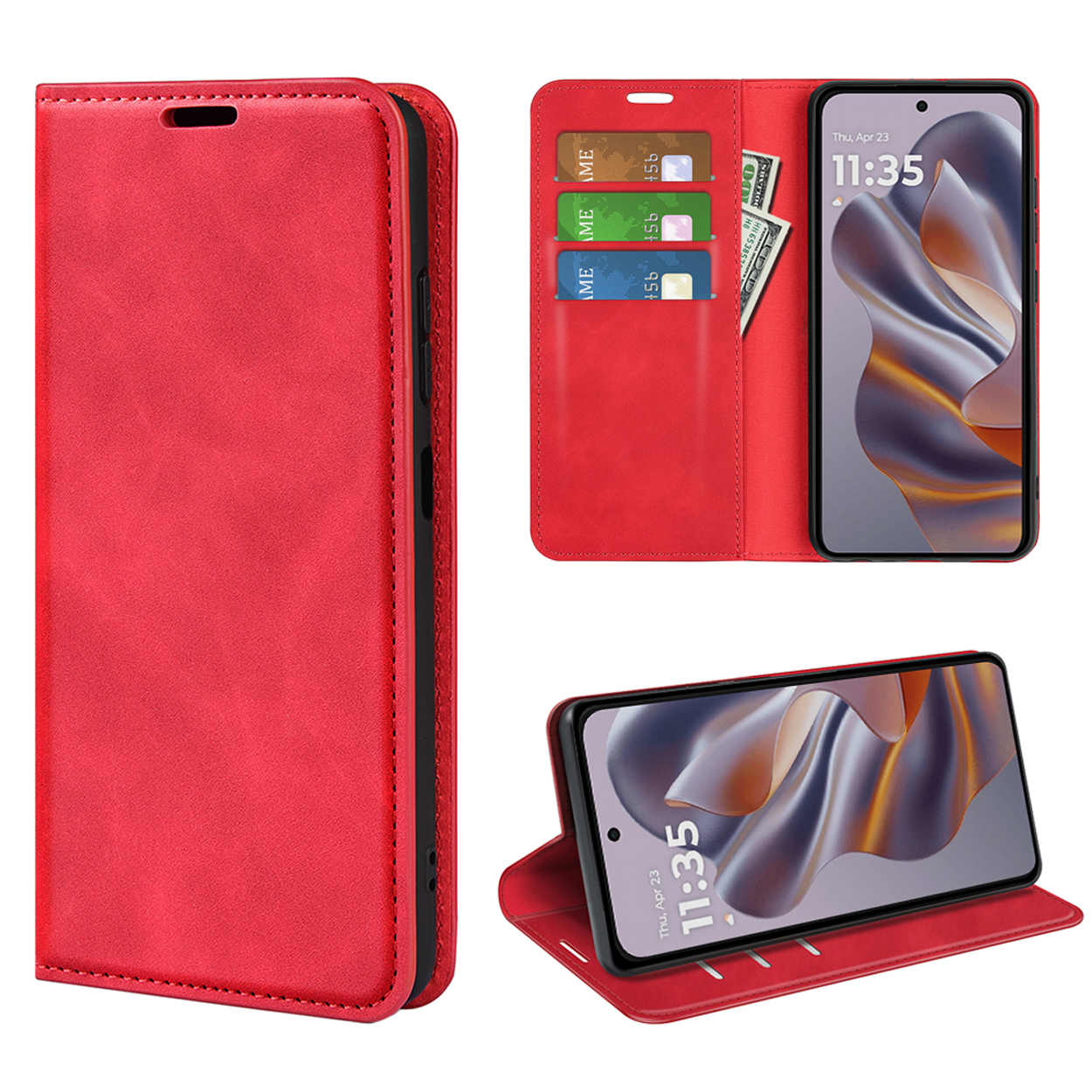 Étui de téléphone rouge, fermé et ouvert. Montre cartes, argent et téléphone avec affichage jeudi 11h35.