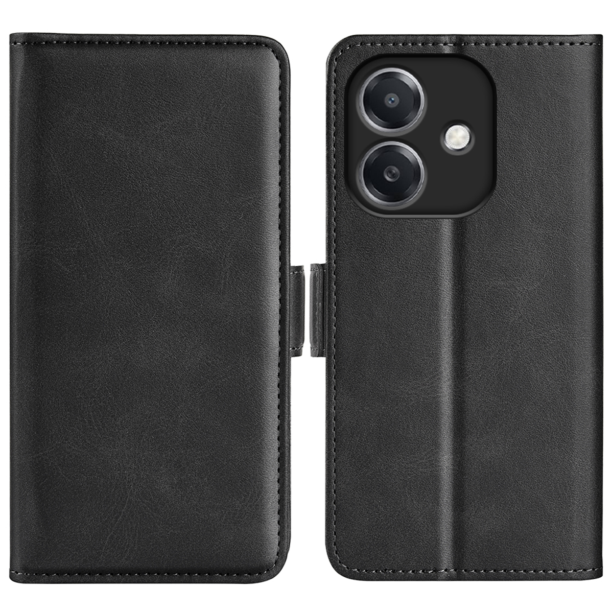 Zwarte leren telefoonhoes, open en dicht. Voorzien van camera-uitsparing en magnetische sluiting.