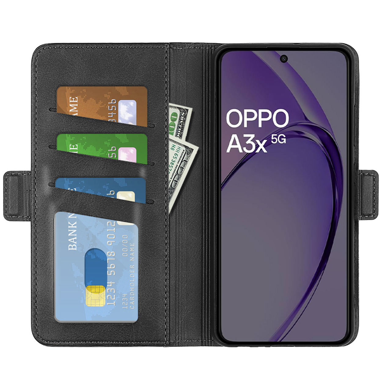 Zwarte telefoonhoes open, met kaarten, geld en telefoon. OPPO A3x 5G weergegeven. Witte achtergrond.
