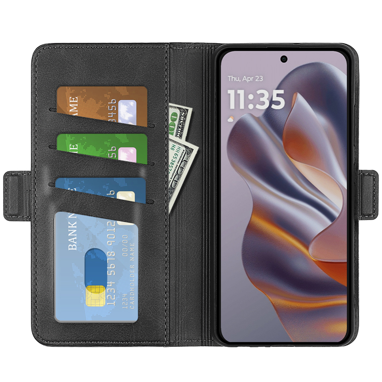 Étui de téléphone noir avec téléphone à l'intérieur. Cartes de crédit, espèces visibles. L'heure du téléphone affichée.