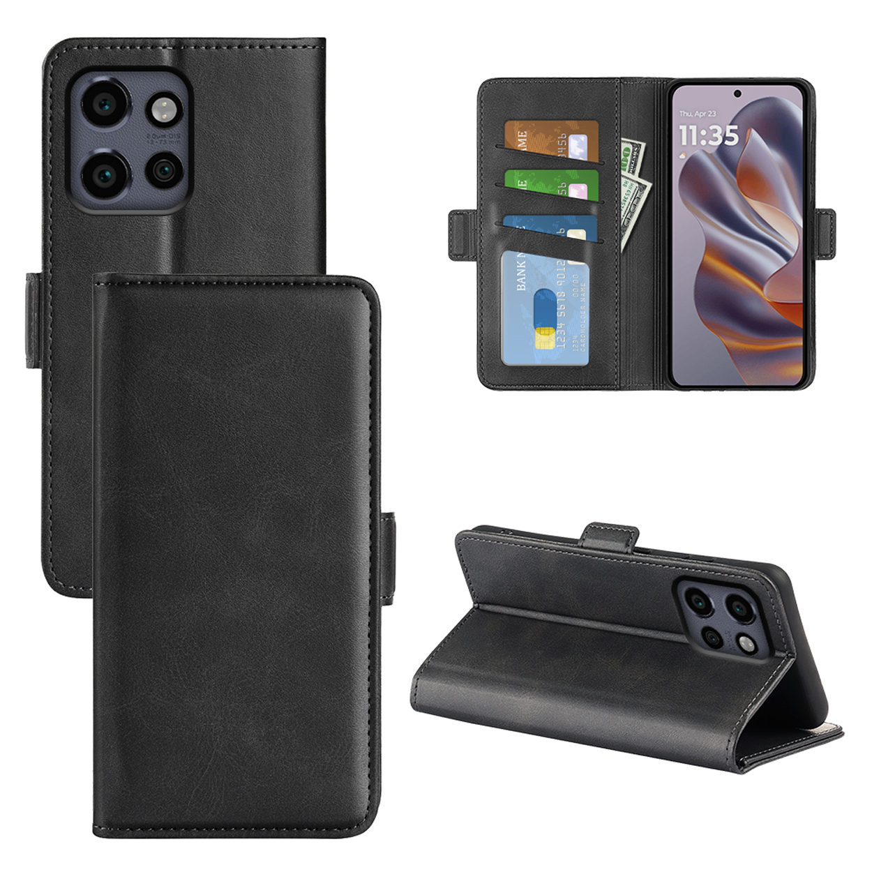 Coque de téléphone en cuir noir, ouverte, avec cartes, espèces et téléphone. L'écran affiche l'heure.