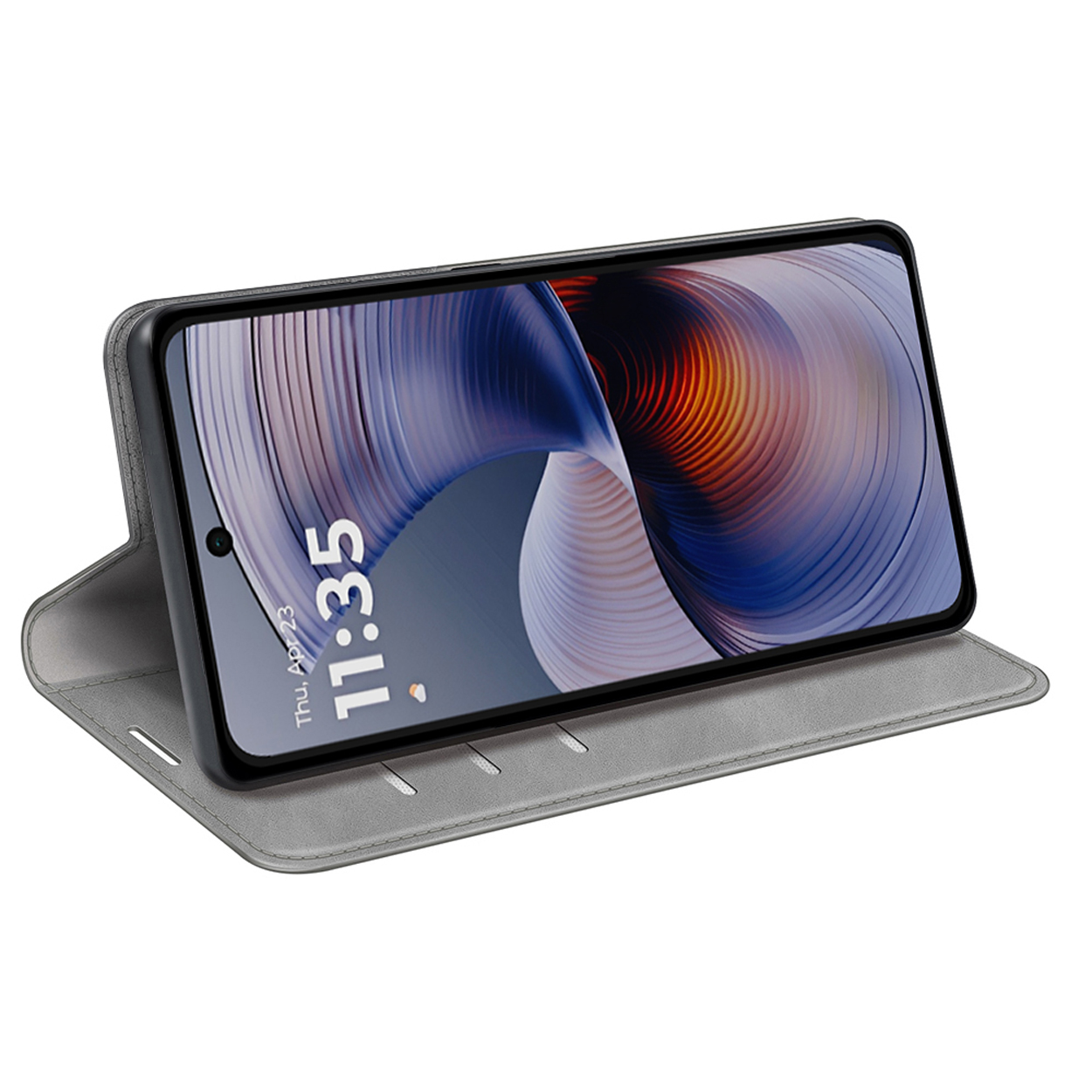 Grijze telefoonhoes open. Telefoon toont tijd 11:35. Op wit oppervlak met kaartsleuven.