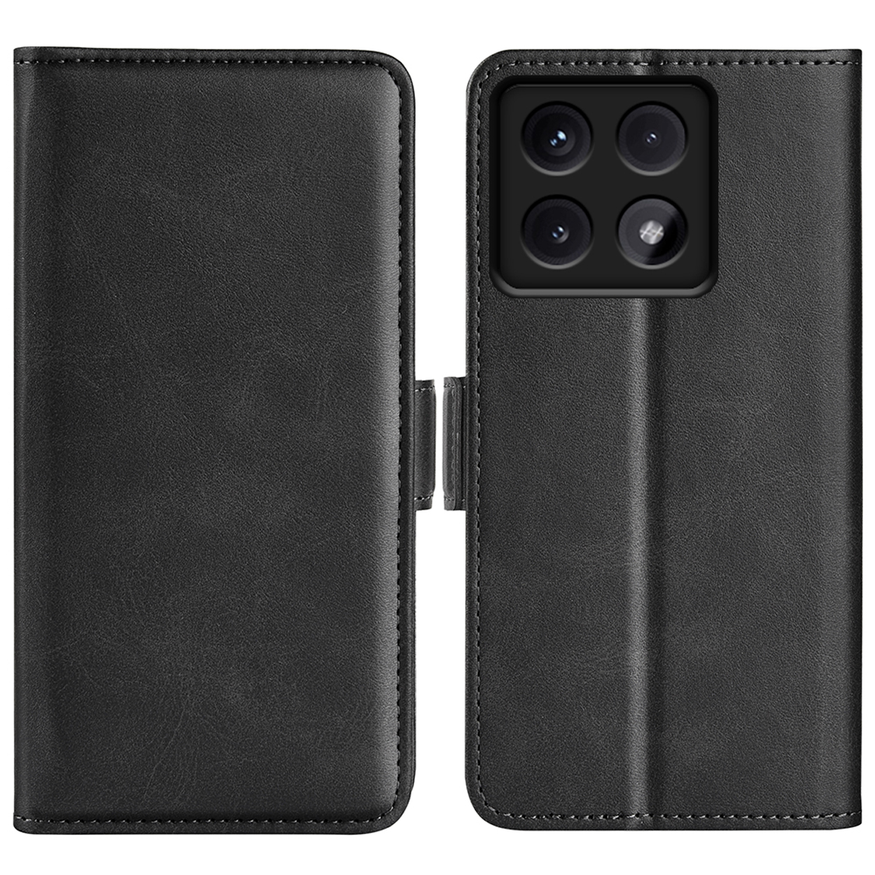 Zwarte leren telefoonhoes, gesloten en open, met een telefoon met vier camera's.