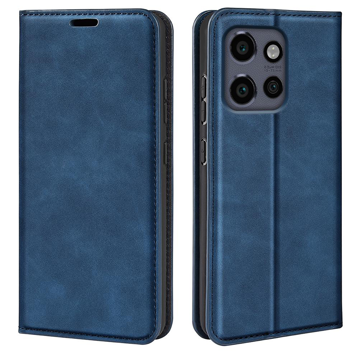 Étui de téléphone bleu fermé. Le téléphone est à droite. L'étui semble être en cuir.