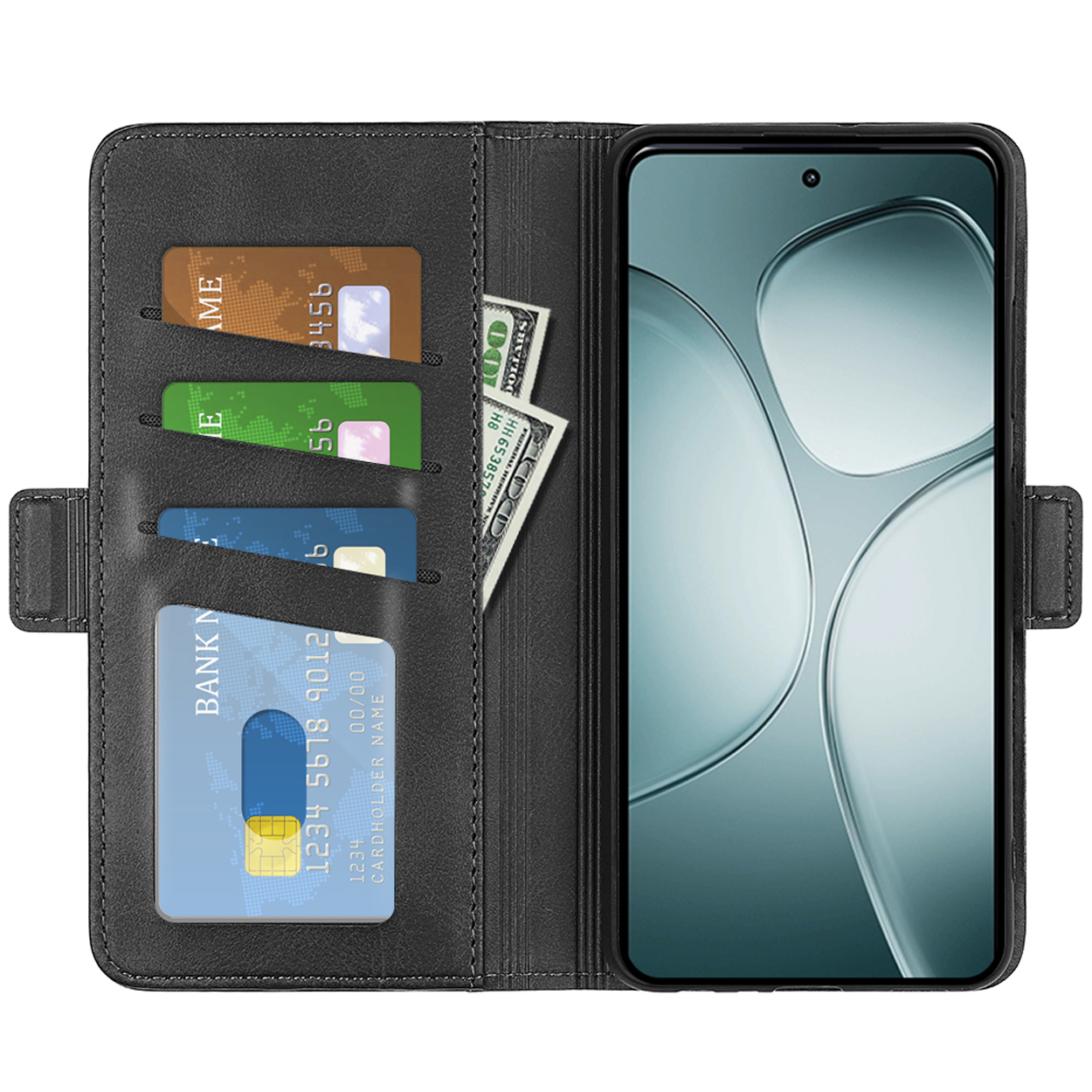 Zwarte telefoonhoes open, met kaarten en geld. Telefoon toont een scherm. Witte achtergrond.