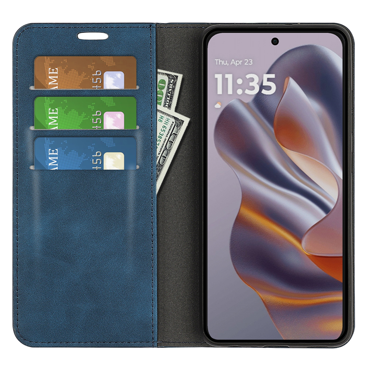 Étui portefeuille bleu avec cartes et argent. Le téléphone affiche l'heure et la date à l'écran.