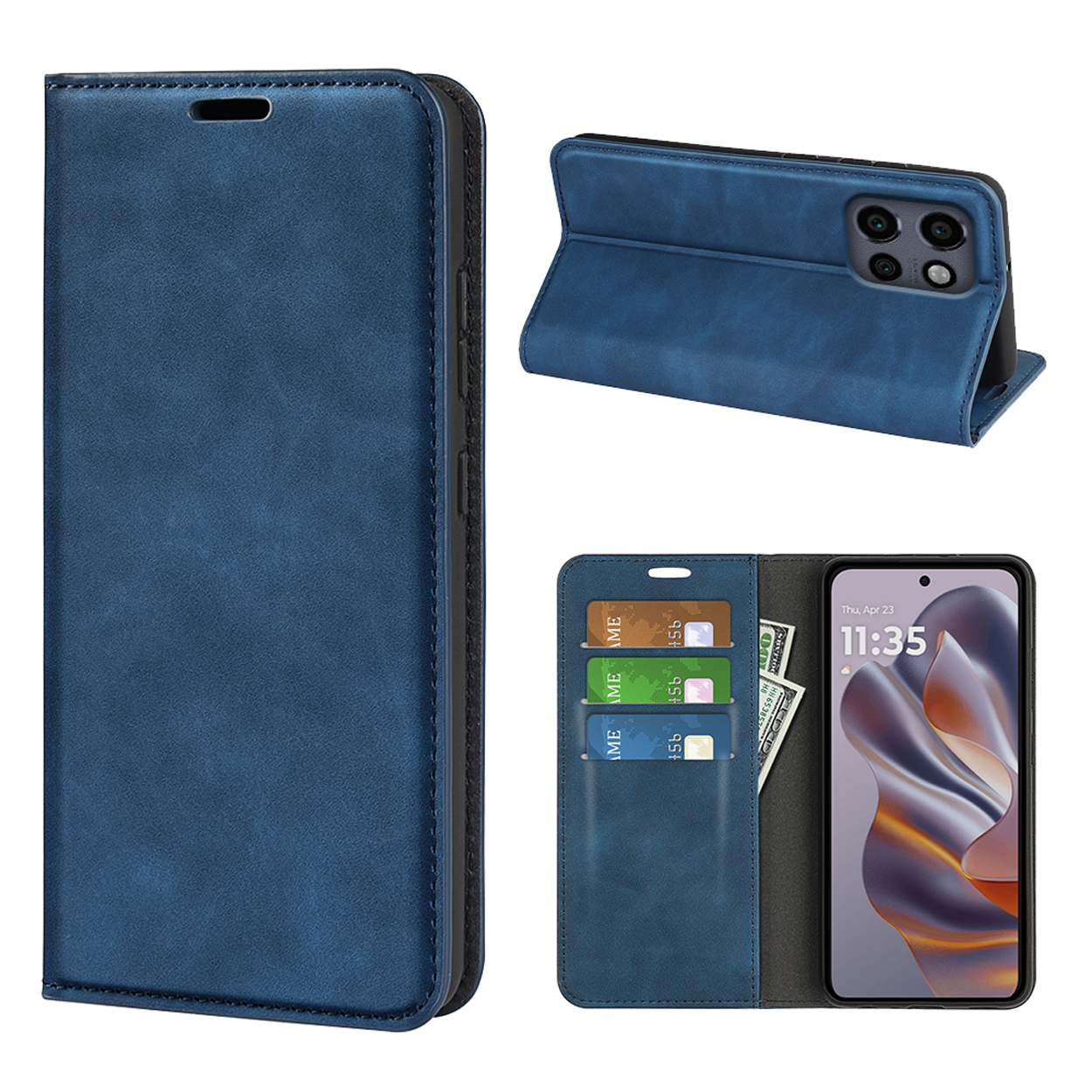 Étui de téléphone bleu avec cartes et un téléphone. Le téléphone affiche l'heure.